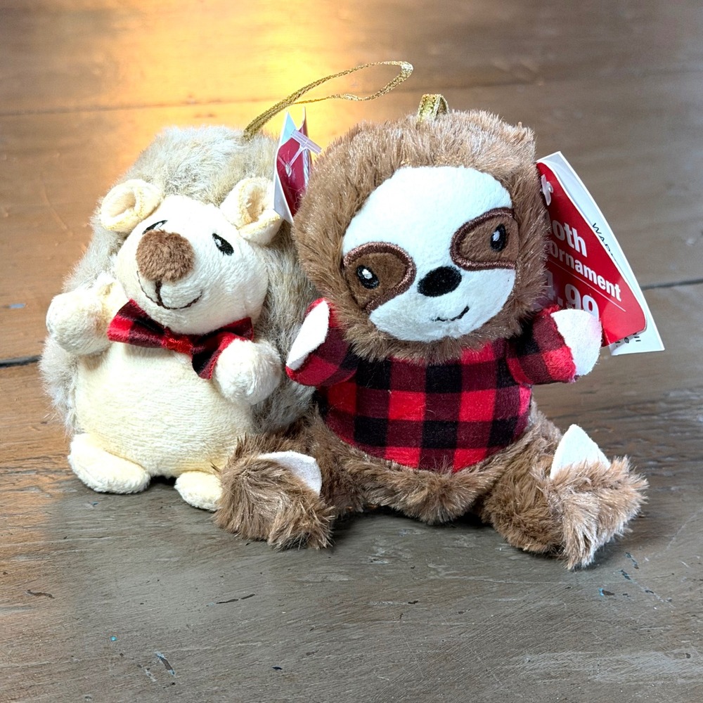 Woodland Plush Christmas Ornaments Hedgehog and Sloth Buffalo Plaid Set of 2